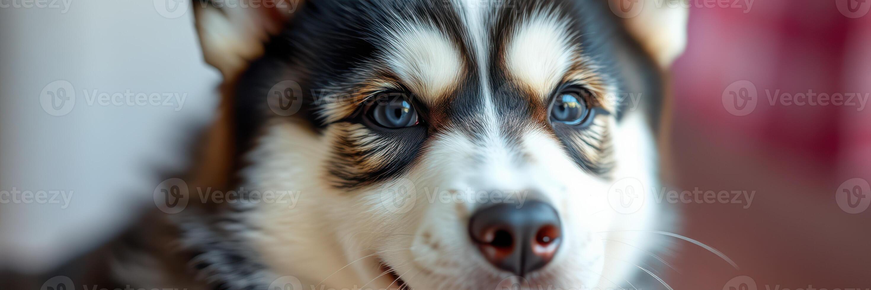 Playful puppy with striking blue eyes enjoying indoor light in a cozy atmosphere on a sunny day photo