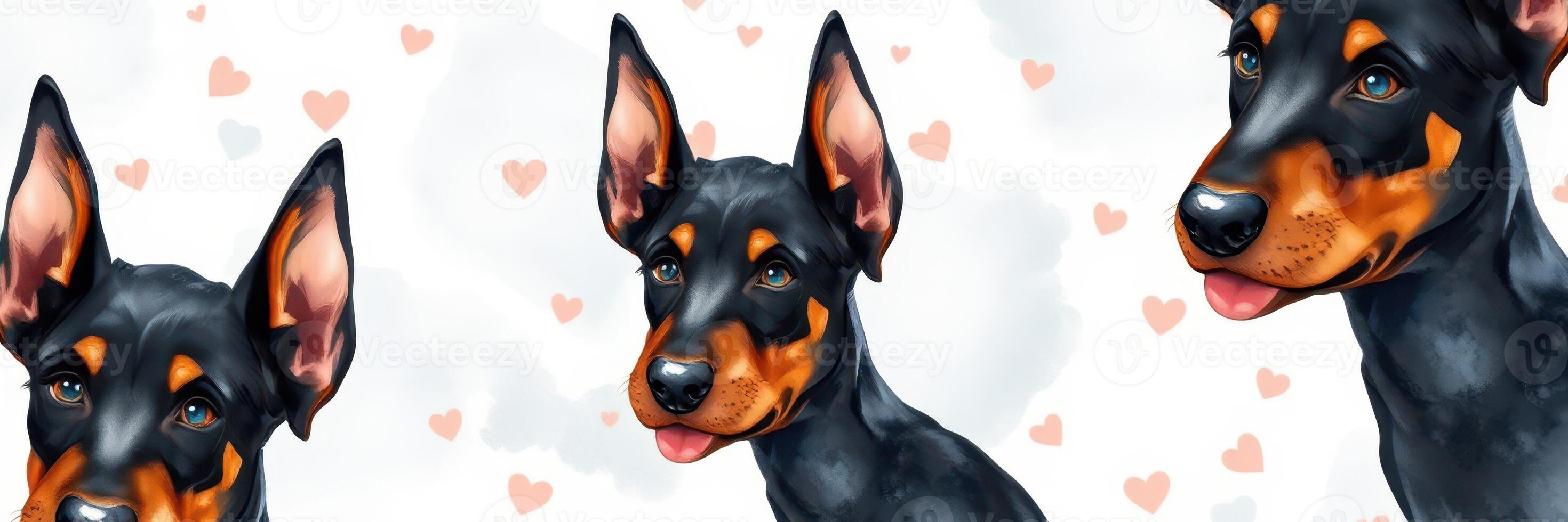 Cute Doberman puppies with hearts in background showcasing playful charm and affection photo