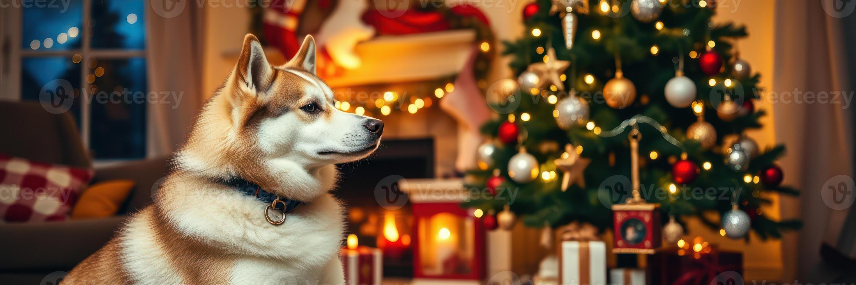 Festive atmosphere with a dog beside a decorated Christmas tree and cozy fireplace during the holiday season photo