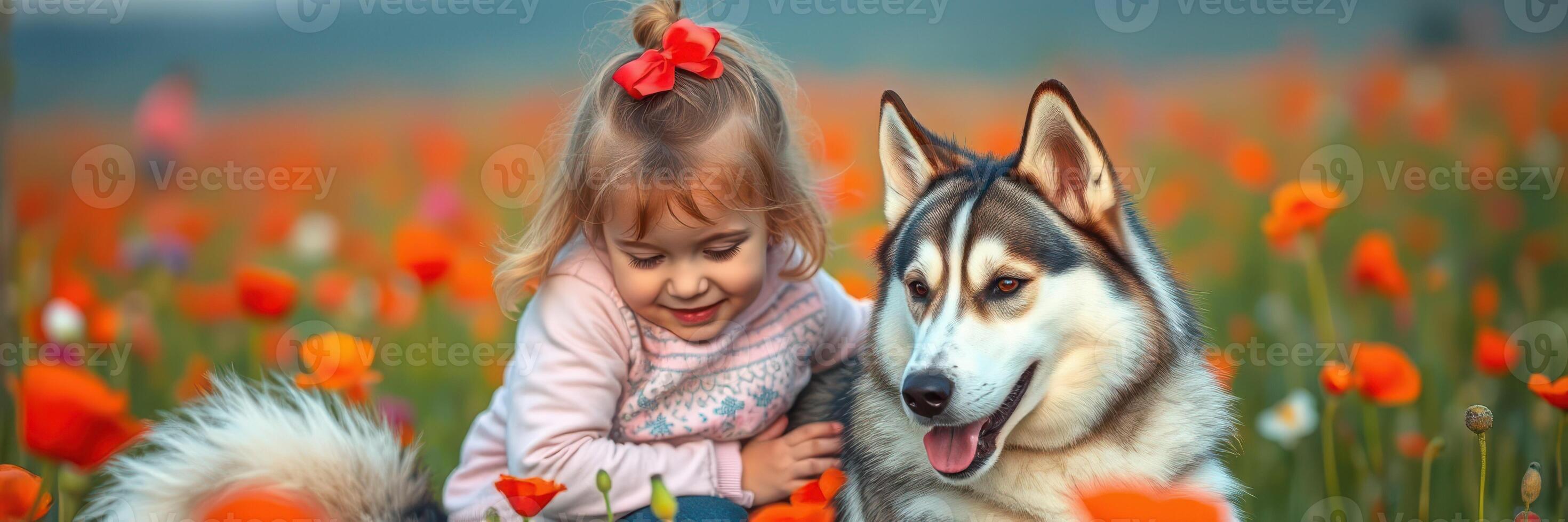 Girl enjoys playful moment with dog in vibrant flower field during sunny afternoon photo
