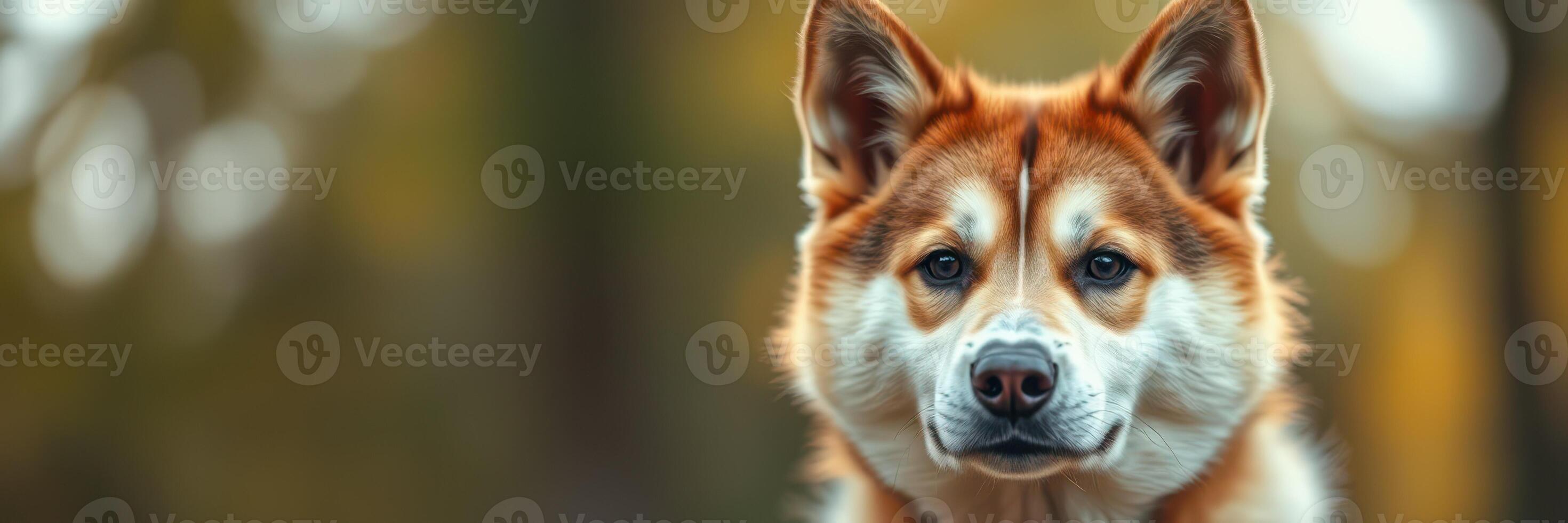 Beautiful red and white dog with expressive eyes posing outdoors in vibrant surroundings during autumn days photo