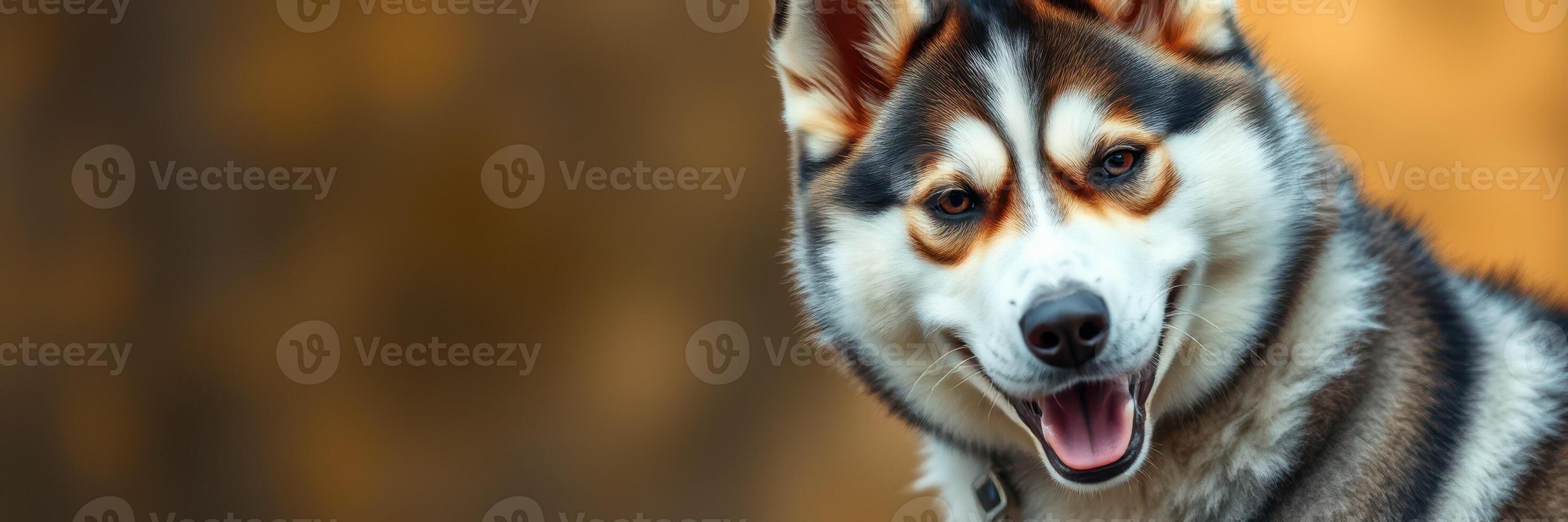 Happy husky poses against a warm blurred background in a serene outdoor setting during golden hour photo