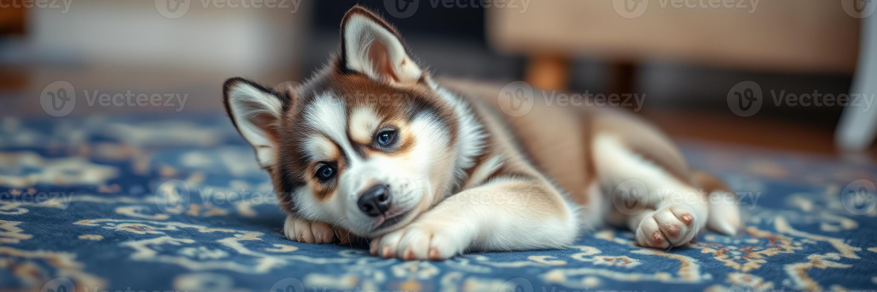 Husky puppy relaxing on a patterned rug in a cozy indoor space during daylight hours photo