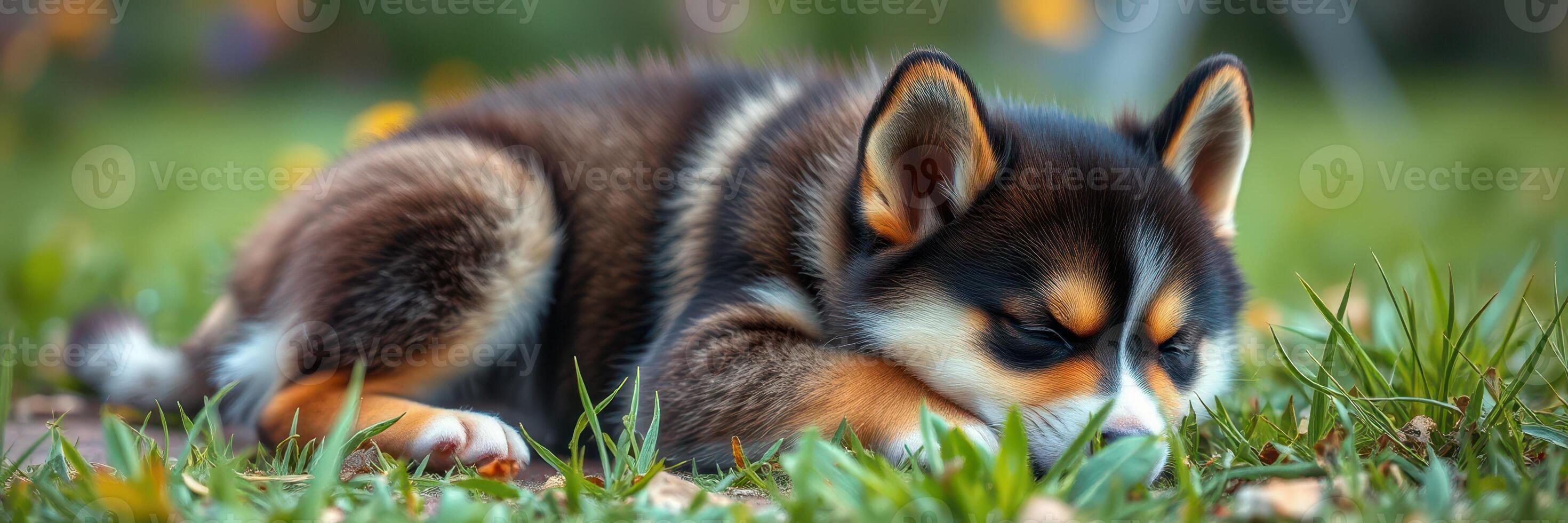 Cute black and tan puppy resting on green grass in a sunny park setting during afternoon hours photo