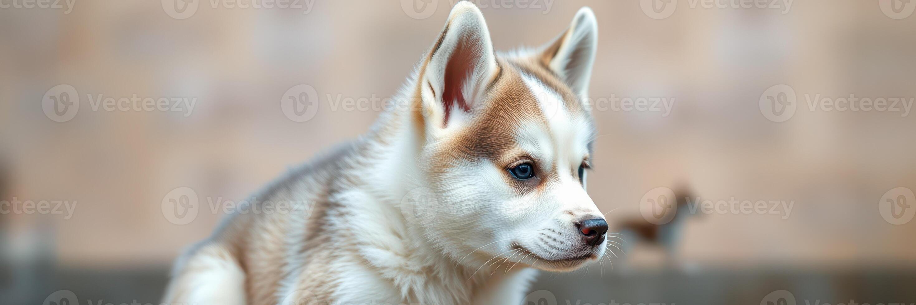 Cute husky puppy sitting in a park, enjoying a sunny day with other dogs playing in the background, creating a lively atmosphere photo