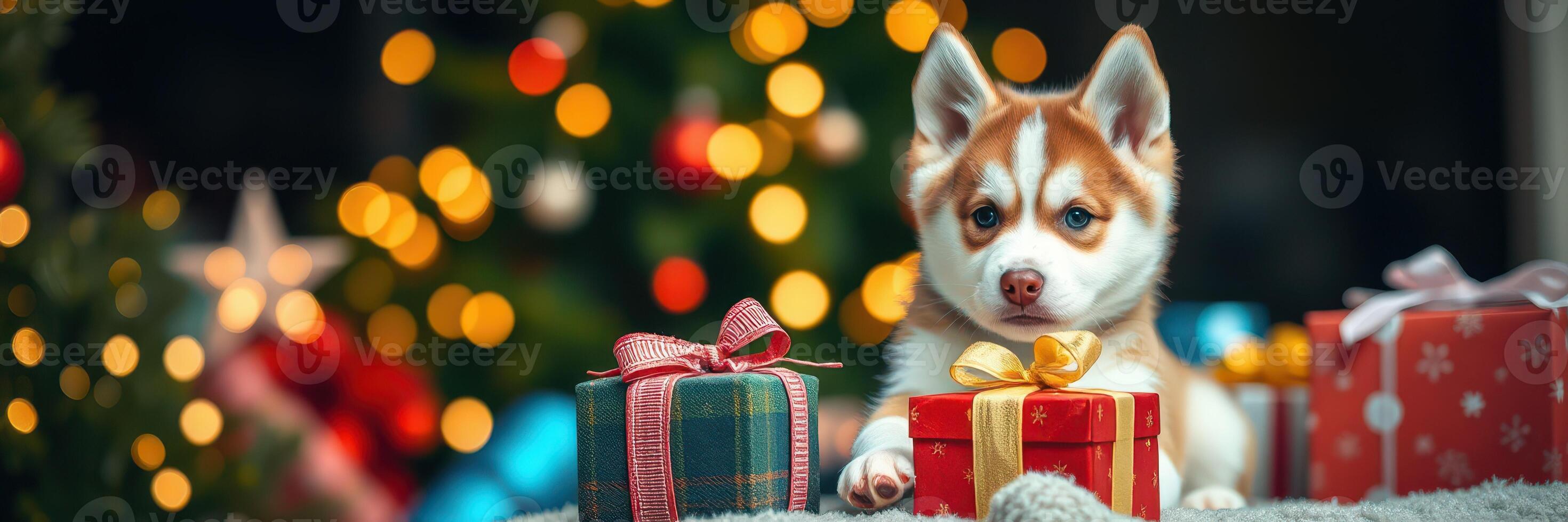 Cute puppy sits next to colorful holiday gifts with a decorated tree in the background during a festive Christmas celebration photo