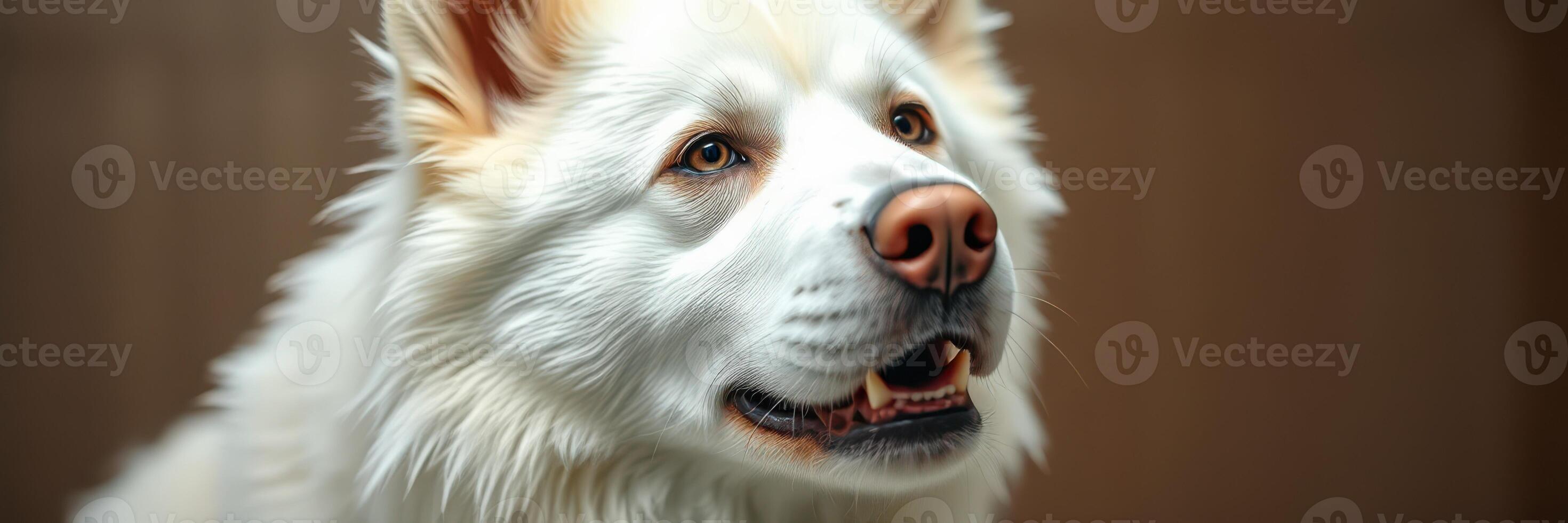 Samoyed dog looking curiously in a warmly lit indoor setting with a soft focus background and friendly expression photo