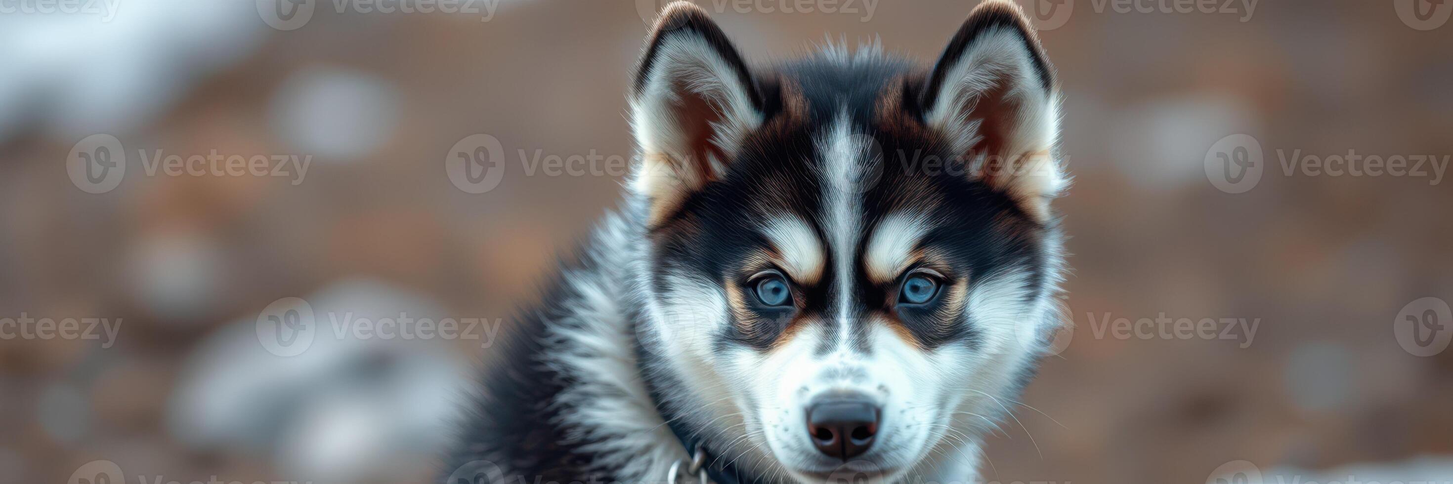 Husky puppy stands on rocky terrain with snow in the background during a chilly afternoon photo
