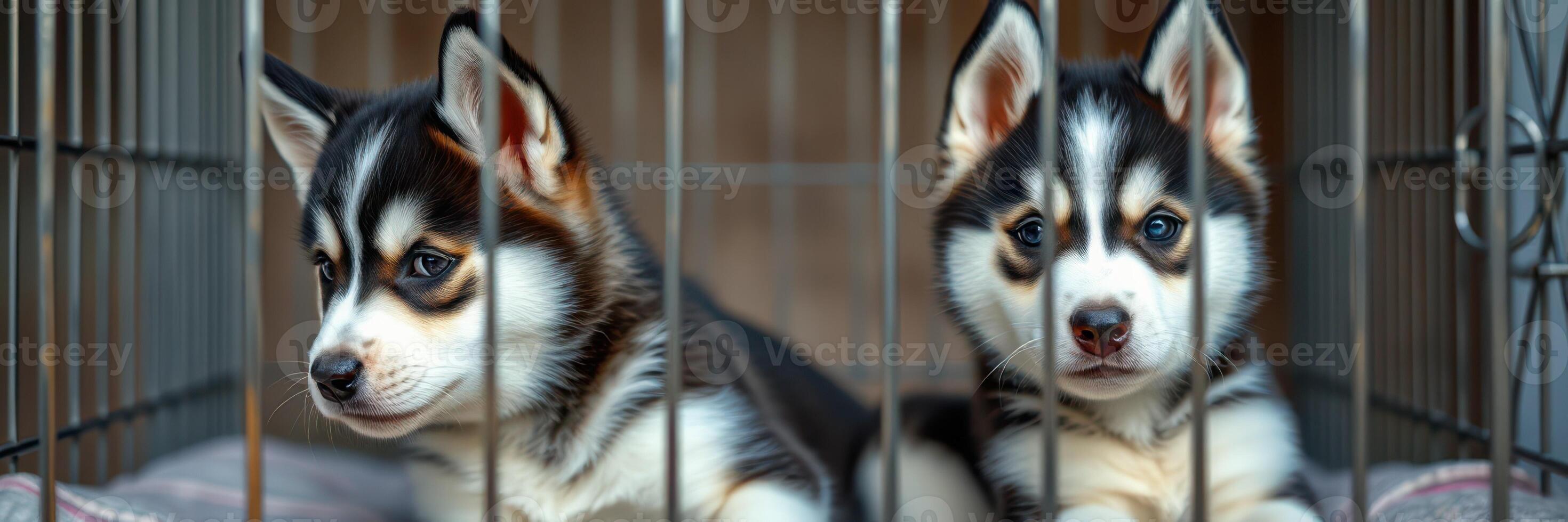 Two adorable husky puppies resting in a cage with soft bedding during the day at an animal shelter photo