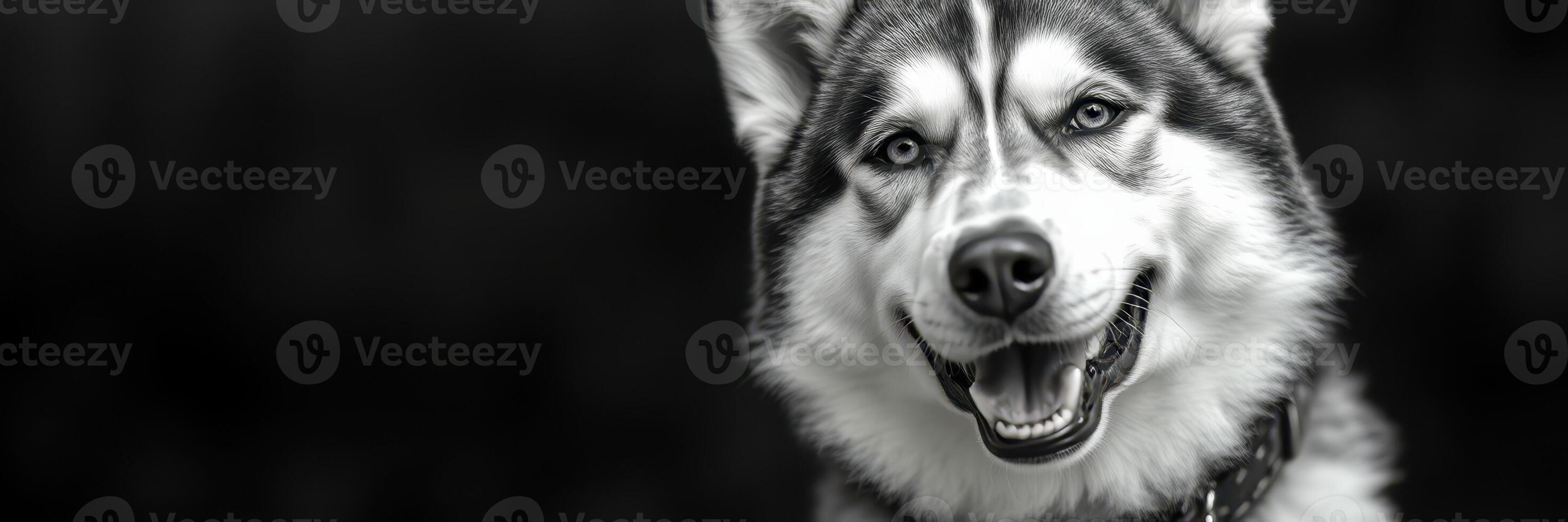 Happy husky posing with a joyful expression in black and white photography during a sunny afternoon photo