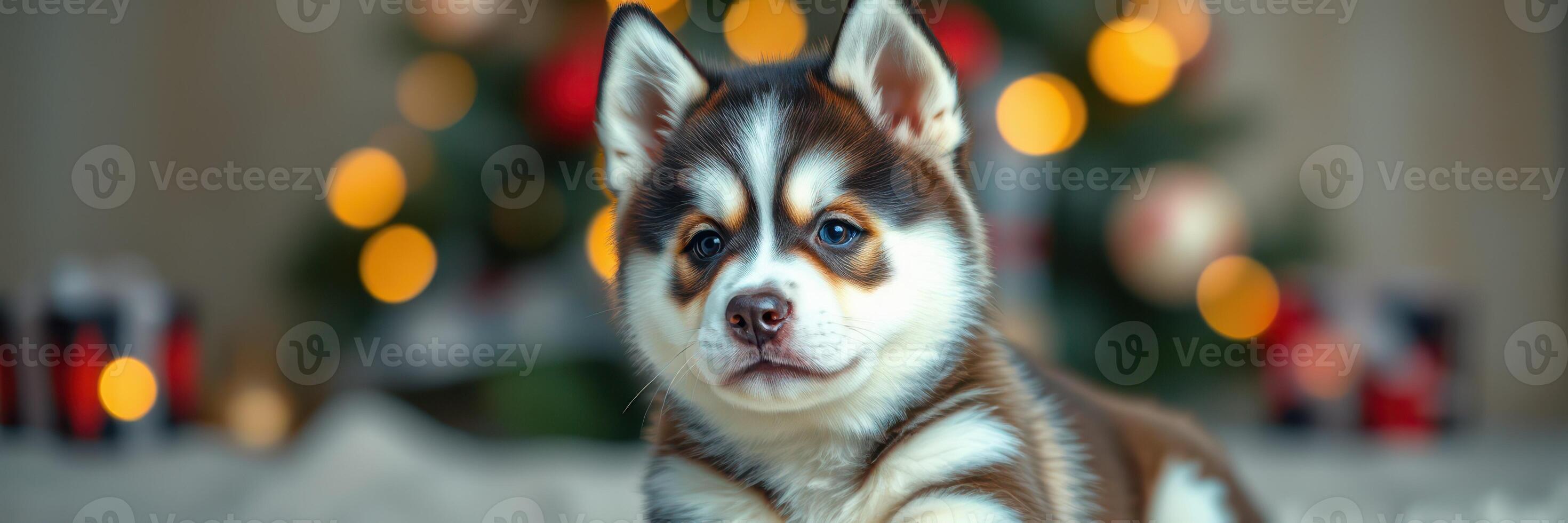 Cute husky puppy sitting in front of a decorated Christmas tree with colorful lights in a cozy indoor setting during the holiday season photo