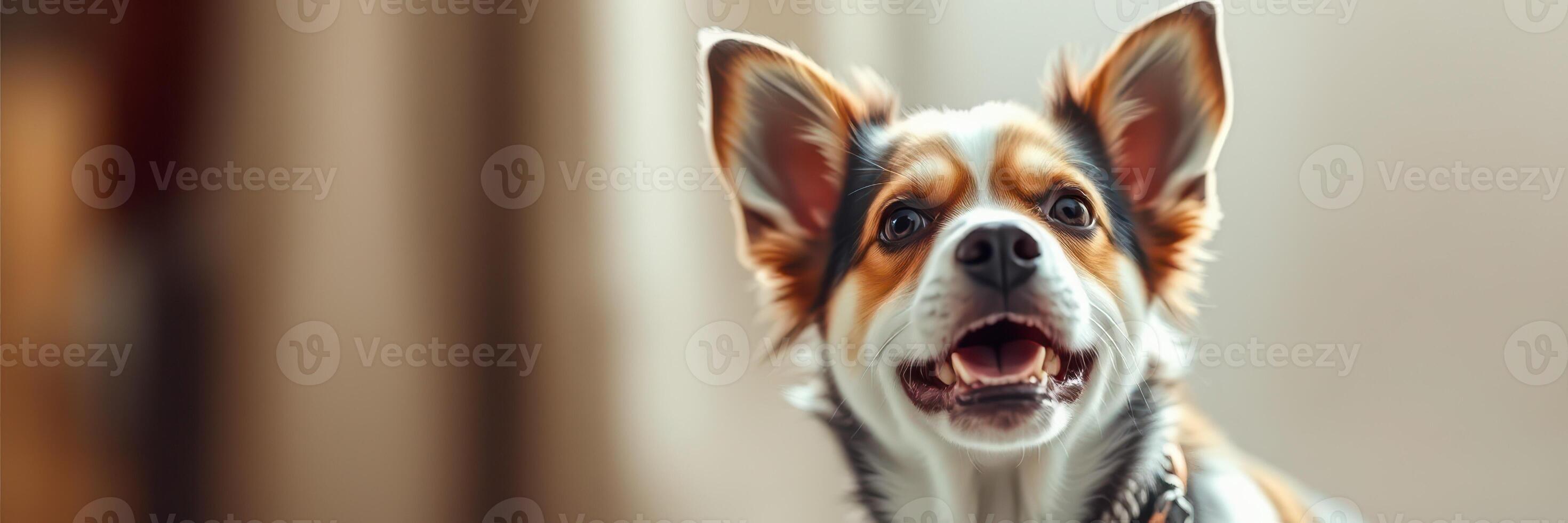 Happy dog with alert expression in a cozy indoor setting during morning light photo