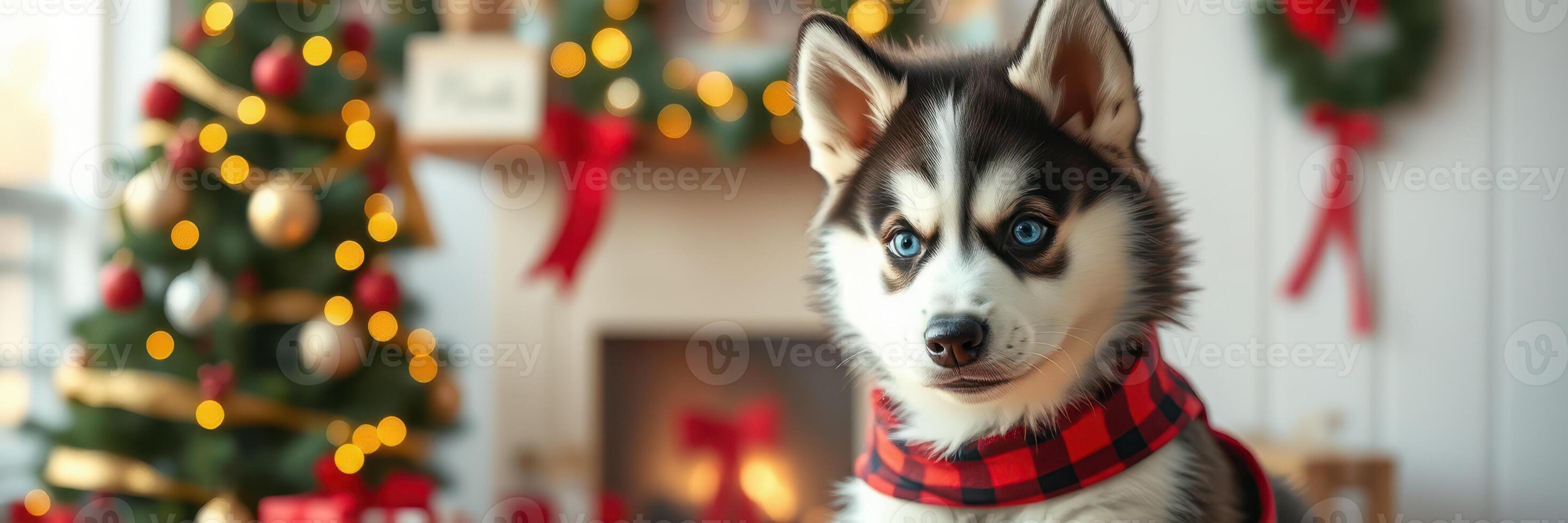 Cute husky puppy sitting in front of a beautifully decorated Christmas tree during the holiday season photo