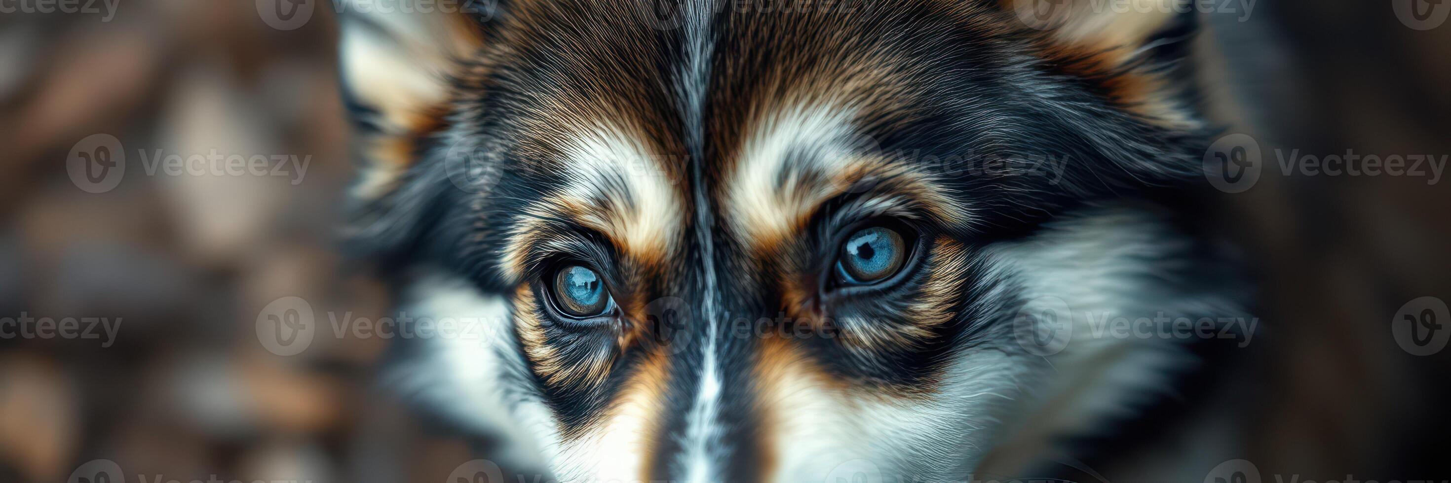 Close-up of a wolf-like creature showcasing vibrant blue eyes and intricate fur patterns in a natural setting photo