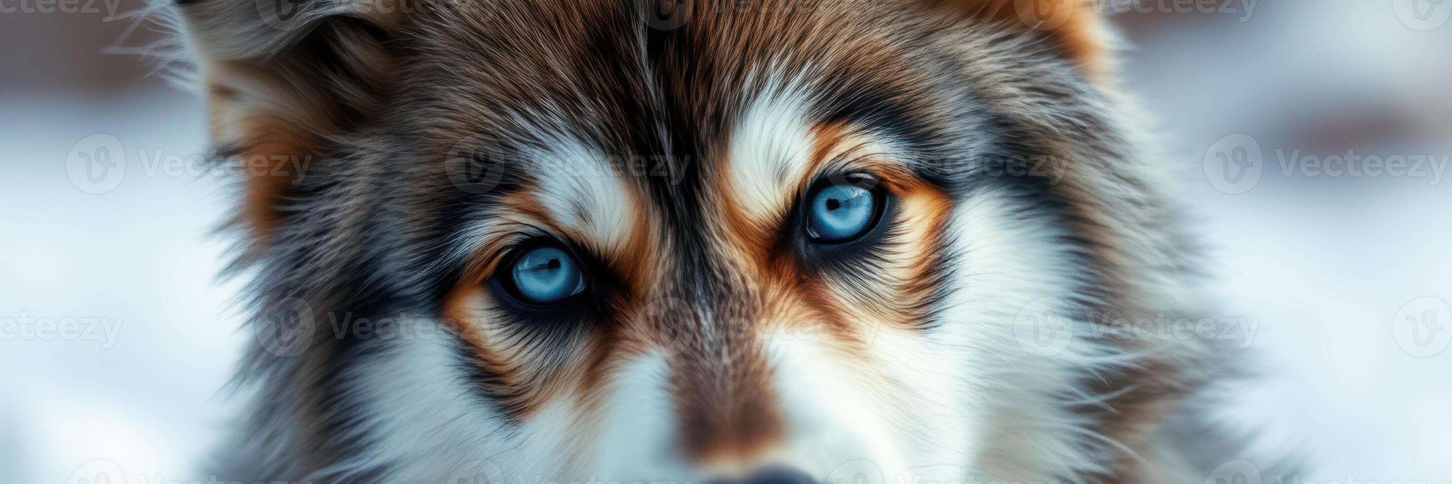Beautiful close-up of a husky with striking blue eyes in a snowy environment during winter photo