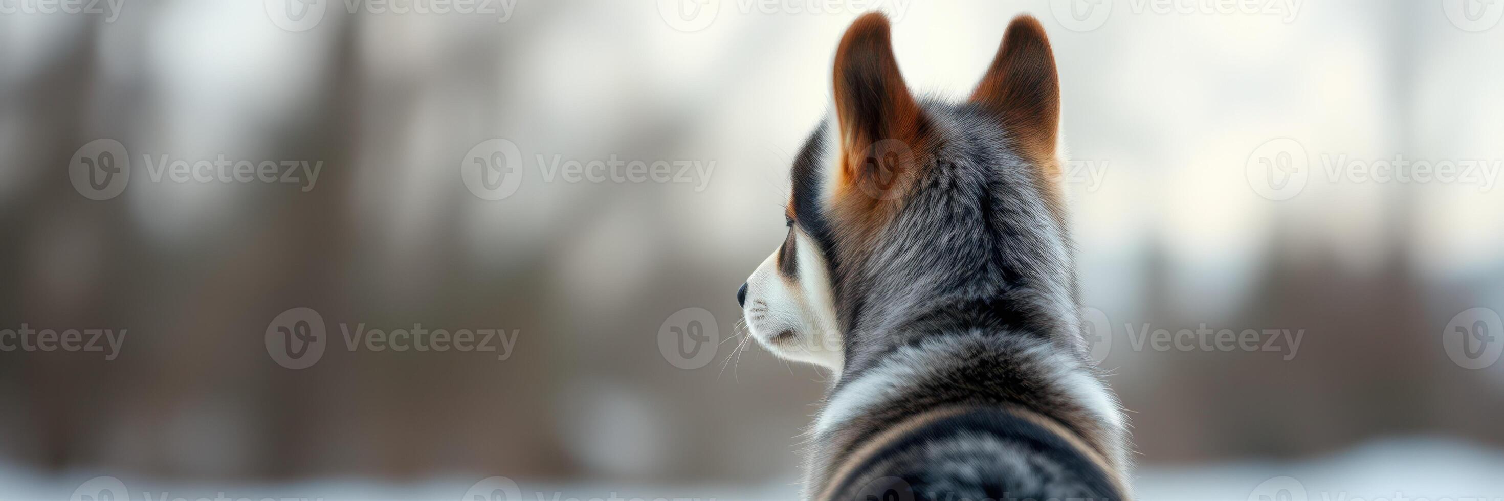 Beautiful winter landscape with a dog looking towards the snowy forest in cold weather during early morning light photo