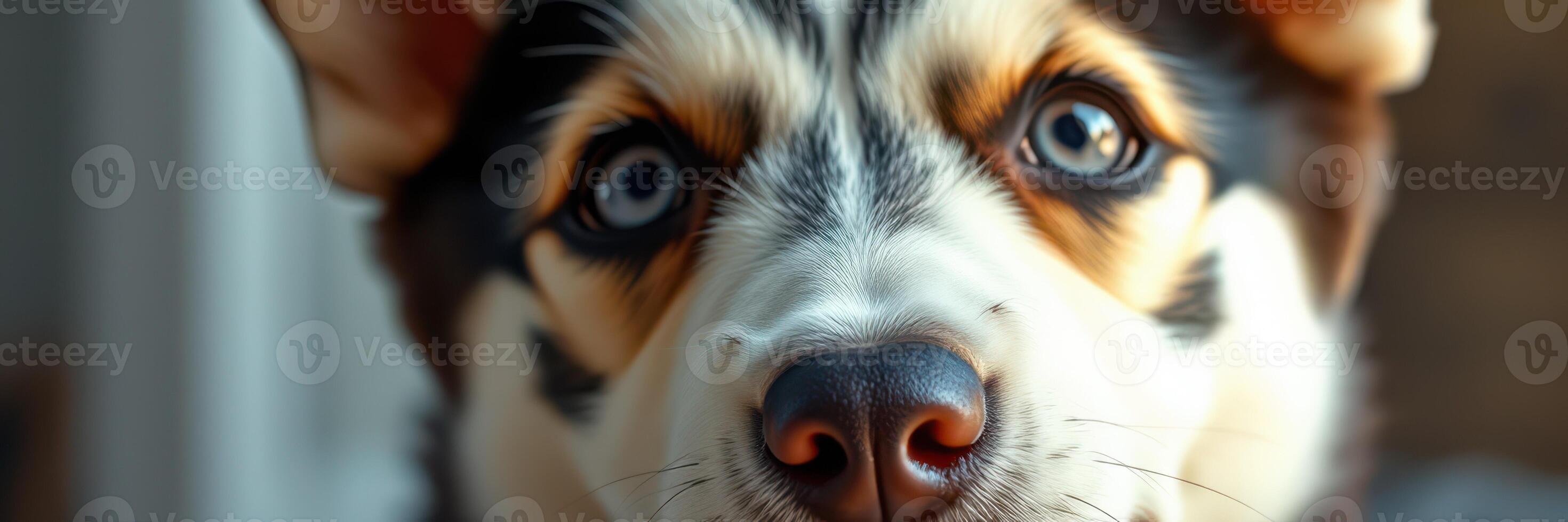 Close-up of a playful puppy with striking blue eyes and a unique coat pattern indoors photo