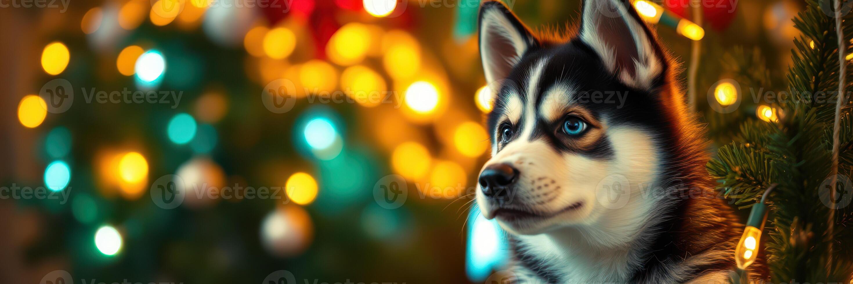 Adorable husky puppy sitting calmly near a beautifully decorated Christmas tree with colorful lights photo