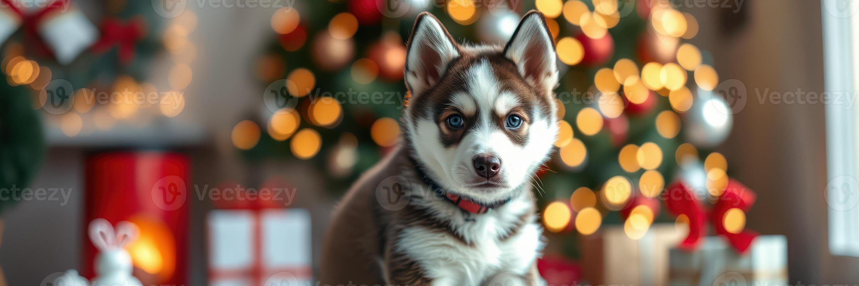 Cute husky puppy sitting in front of a decorated Christmas tree with lights and presents in a cozy indoor setting photo