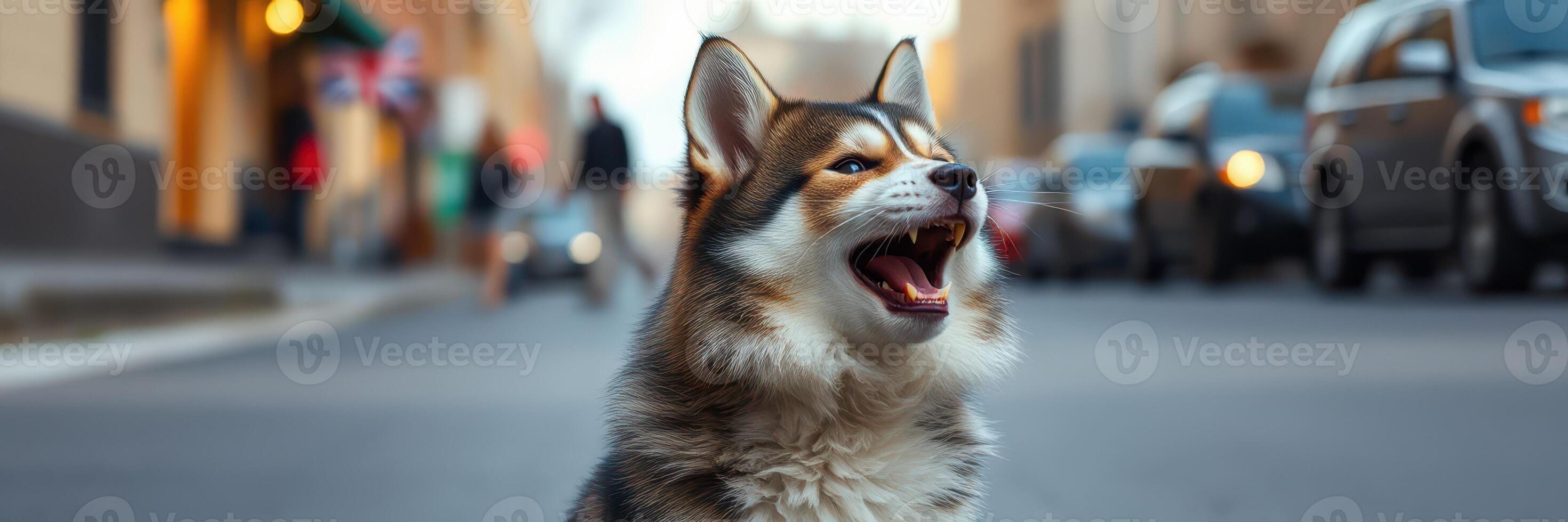 Dog lounges in street with a playful expression during a sunny day in a bustling urban area photo