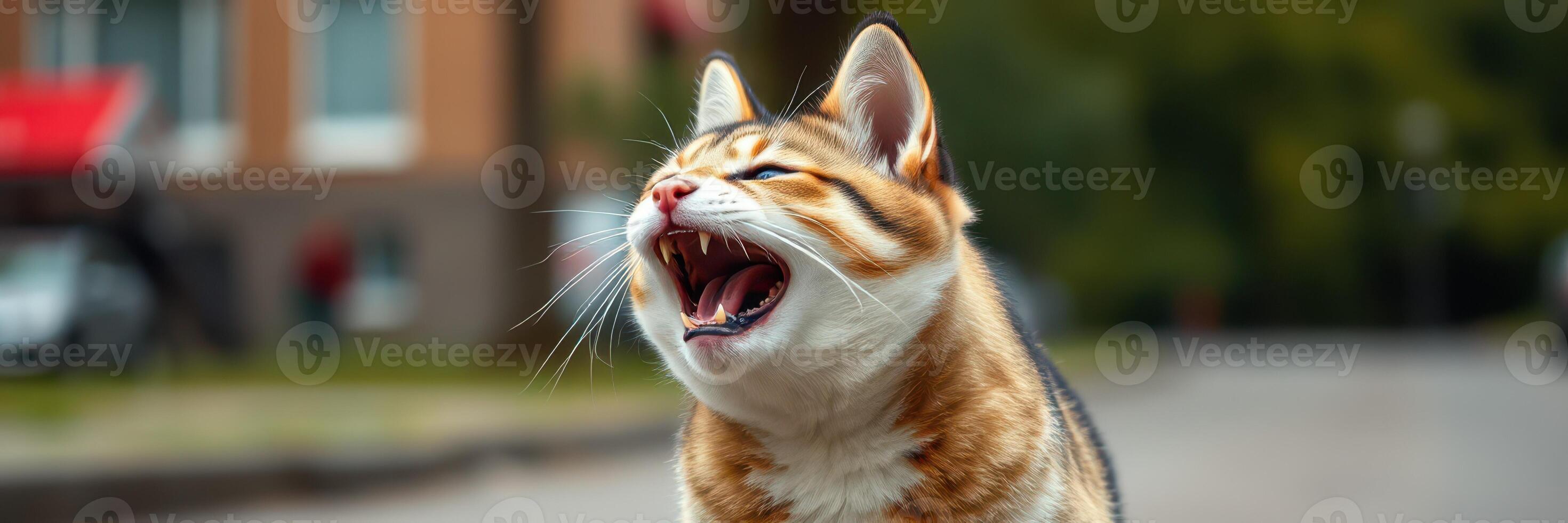 Cat vocalizing on a quiet street during midday with houses and greenery in the background photo
