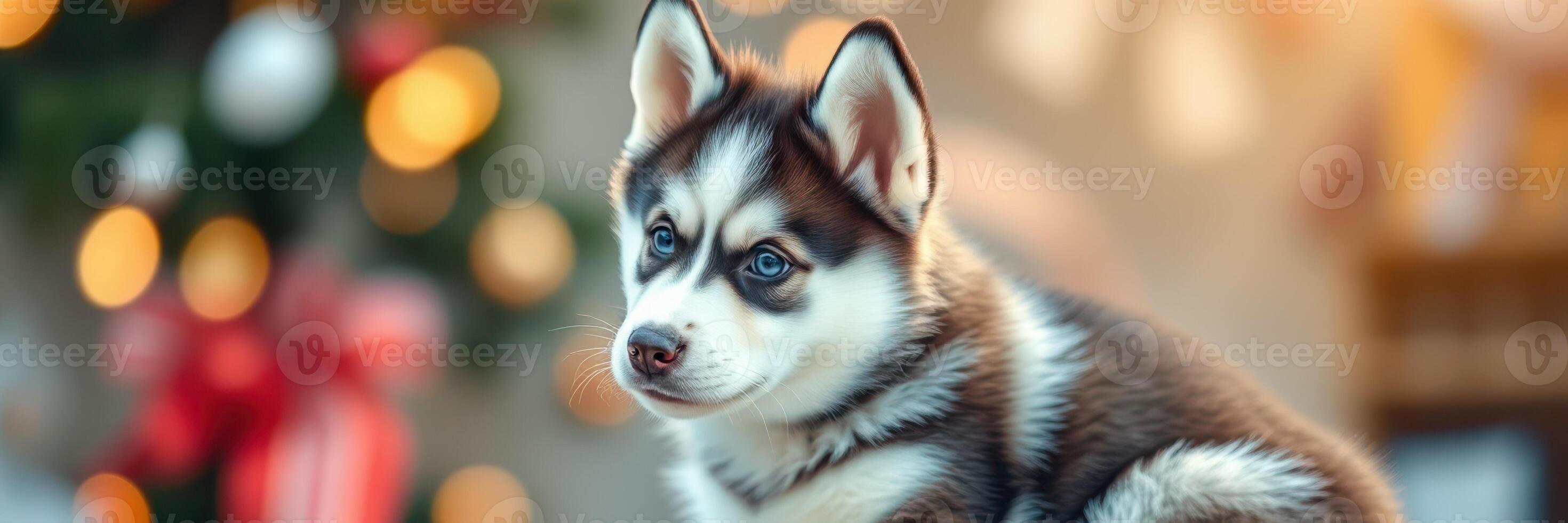 Cute husky puppy sitting near a decorated Christmas tree with warm bokeh lights photo
