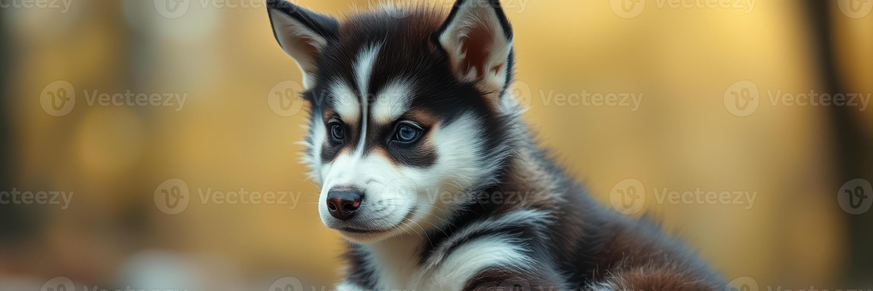 Cute fluffy husky puppy sitting outdoors in soft sunlight surrounded by nature in a serene environment during autumn photo