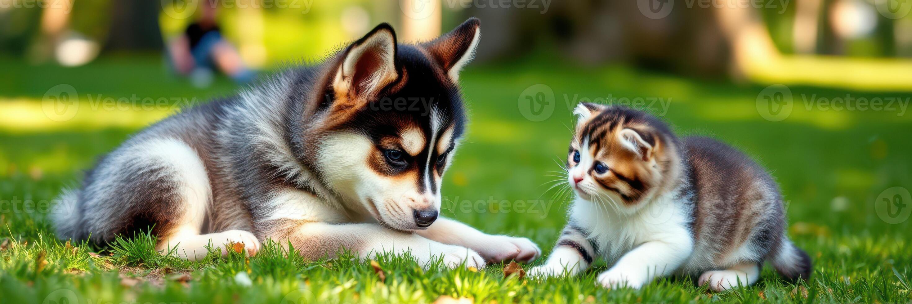 Playful puppy and kitten enjoying a sunny day in a park with green grass and trees around them photo