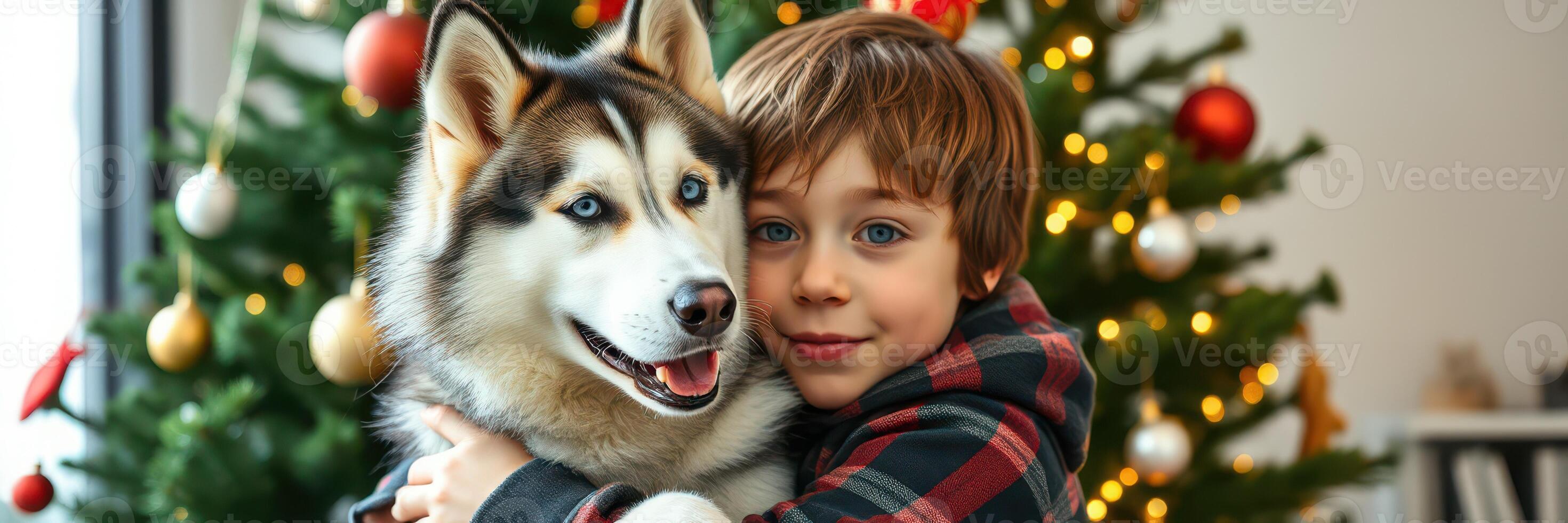 Young boy embraces a playful husky in front of a decorated Christmas tree in a cozy living room during the holiday season photo