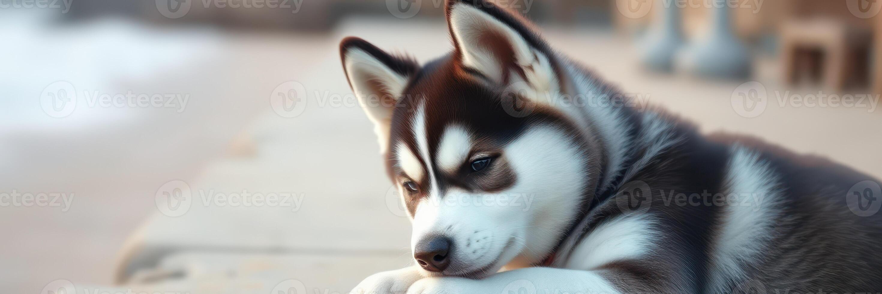 Cute husky puppy resting by the beach during sunset while looking contemplative and serene photo