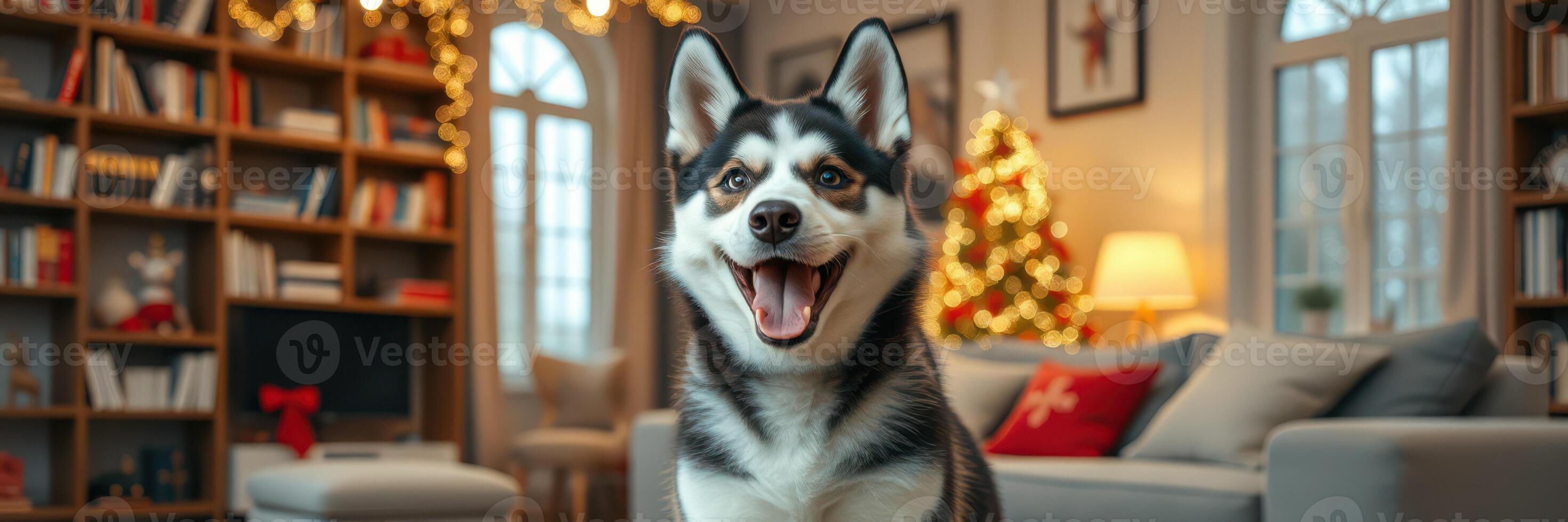 Happy husky in a cozy living room decorated for the holiday season with warm lights and a Christmas tree photo
