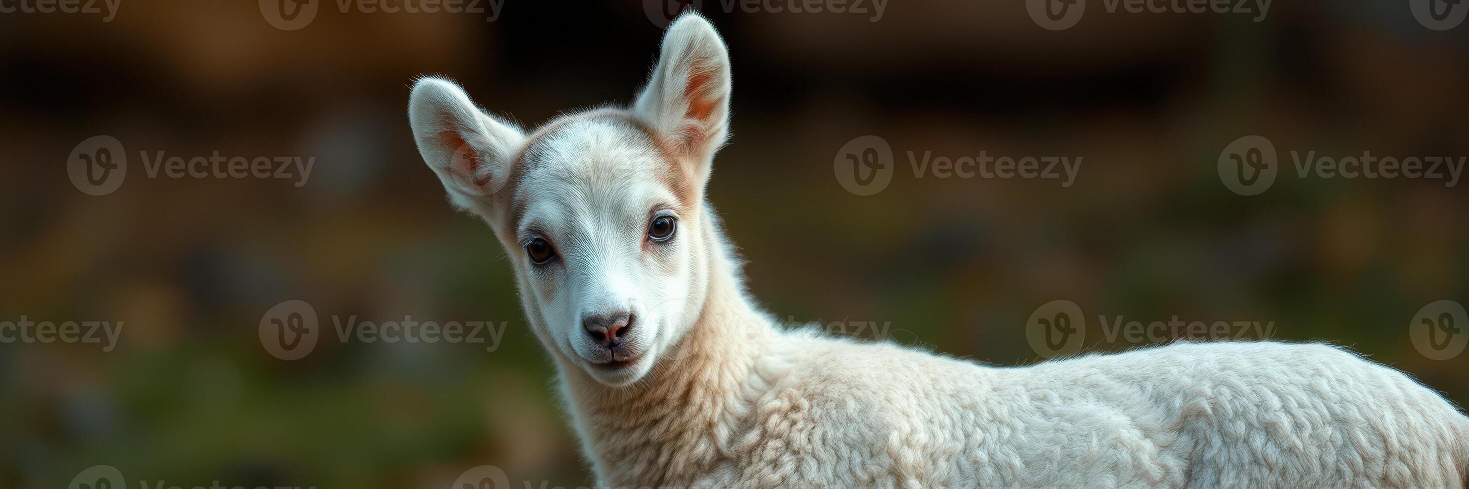 Young lamb standing in a grassy field during a sunny day in springtime with bright green surroundings photo