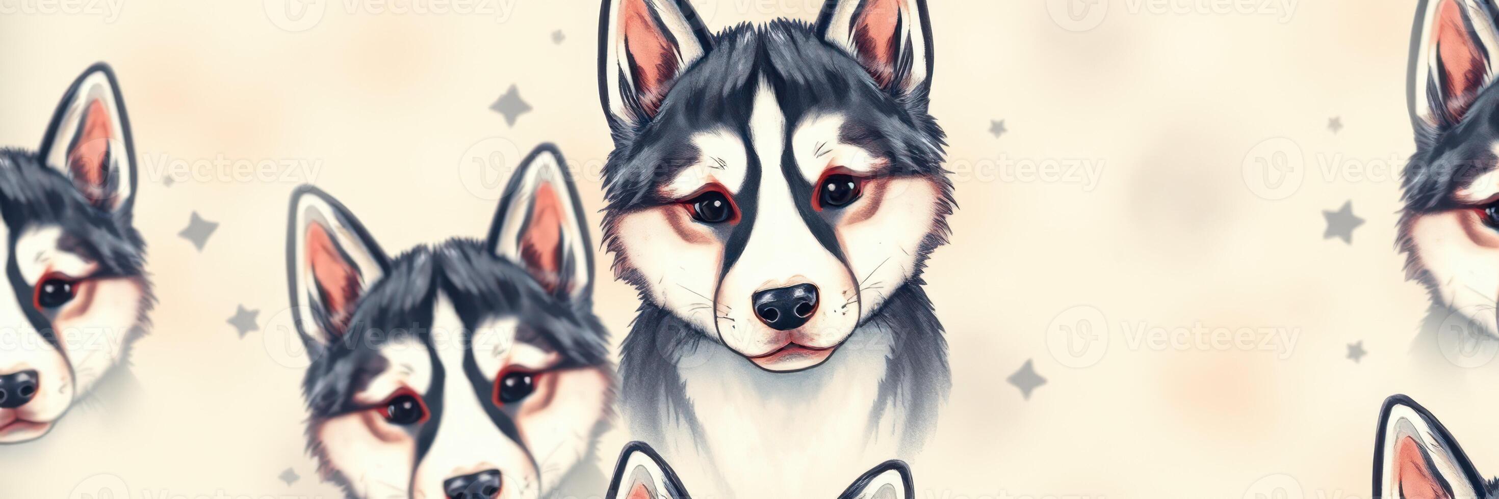 Cute husky illustrations showing various poses against a light background with stars and soft patterns photo