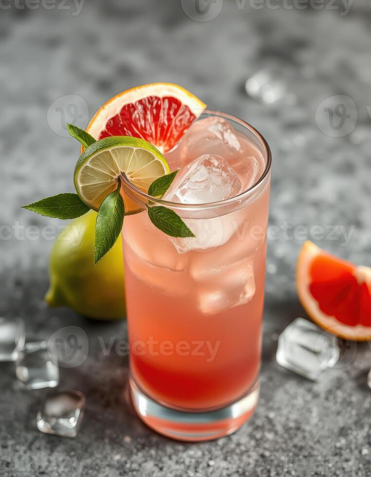 Refreshing citrus cocktail garnished with lime and grapefruit on a stone countertop photo