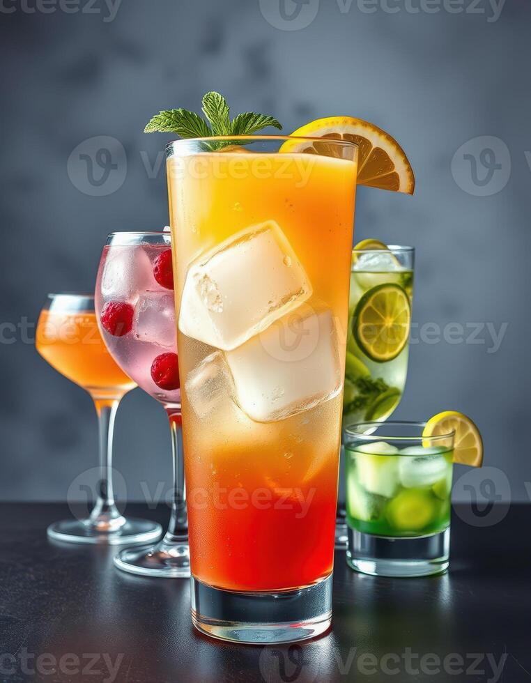 Colorful assortment of refreshing cocktails on a dark background in a lively bar setting photo