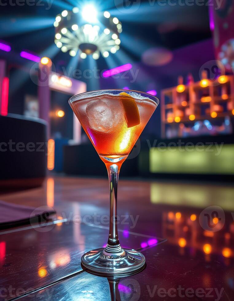 Elegant cocktail served in a vibrant nightclub with dramatic lighting and a lively atmosphere photo