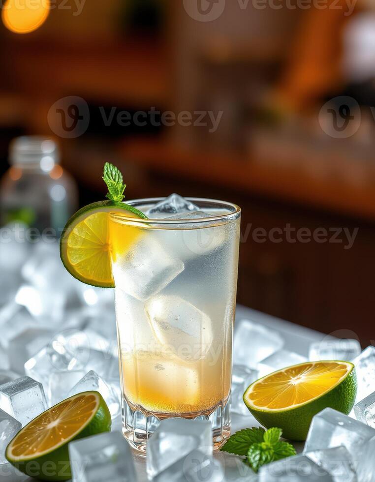 Refreshing drink served in a glass with lime and mint on a bed of ice in a cozy setting at dusk photo