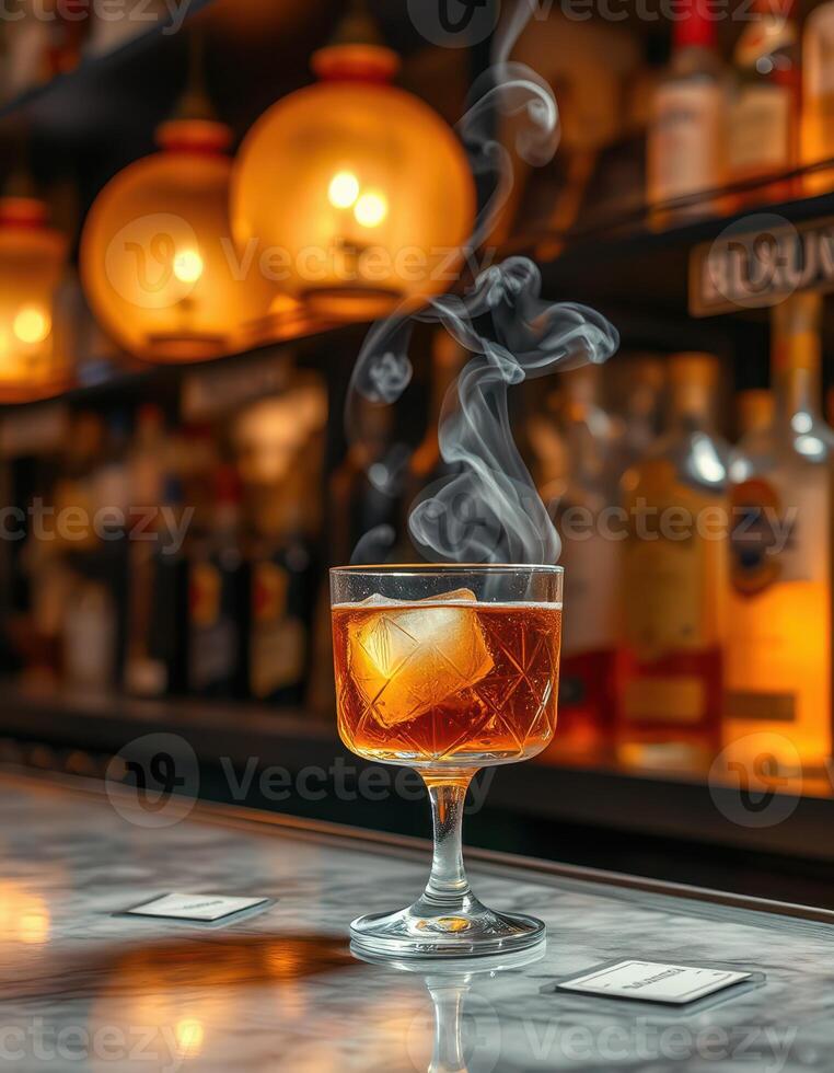 Elegant cocktail with smoke rising in a dimly lit bar during a late evening social gathering photo