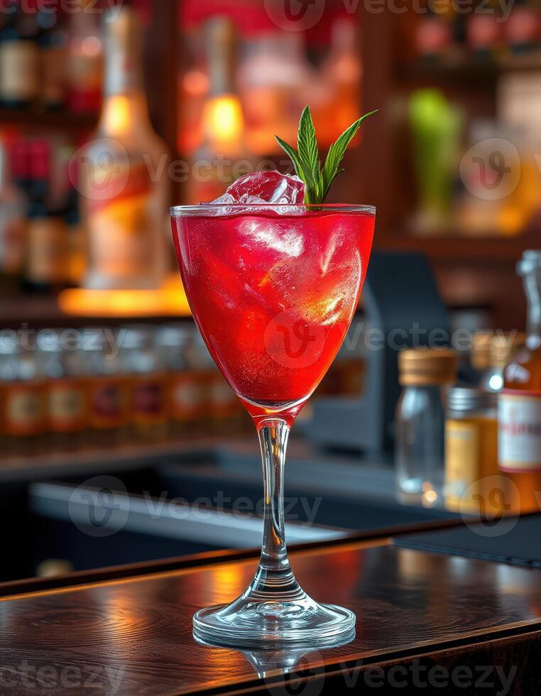 Refreshing red cocktail with mint garnish served at a stylish bar during evening hours photo