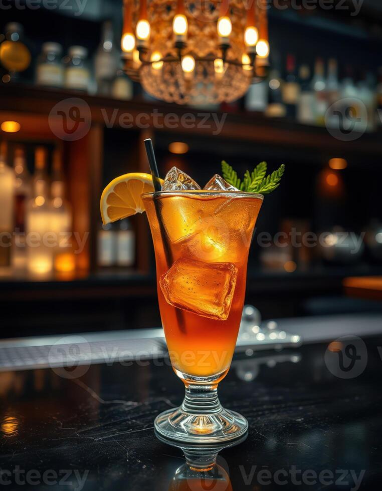 Refreshing cocktail served in elegant glass at a dimly lit bar photo