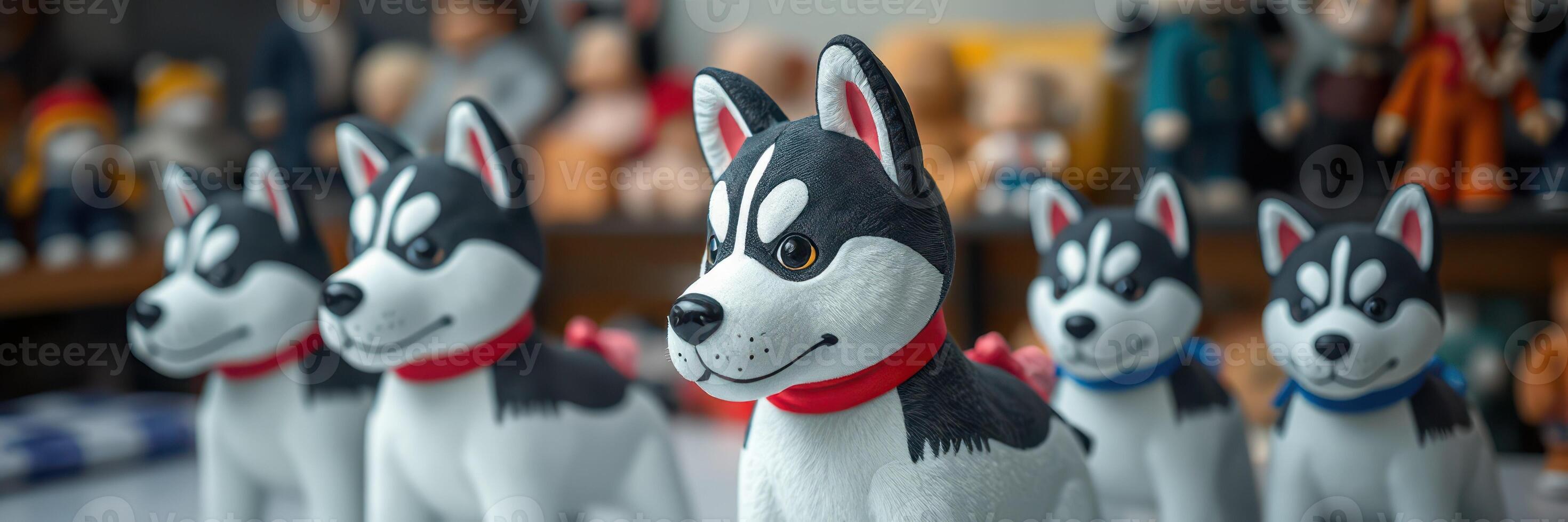 Colorful toy huskies displayed in a vibrant store, surrounded by other plush animals and a cozy atmosphere photo