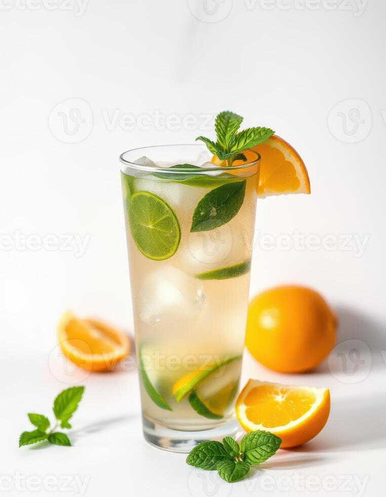 Refreshing citrus drink garnished with mint and lime in a tall glass with ice photo