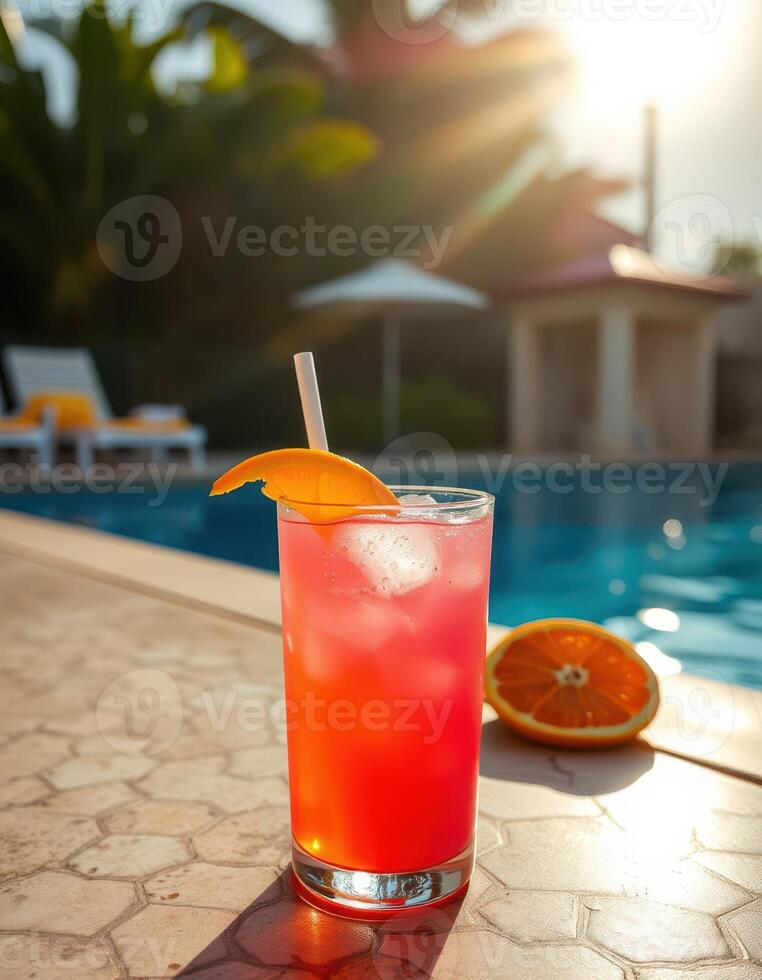 Refreshing tropical drink by the poolside in a sunny tropical setting during late afternoon photo