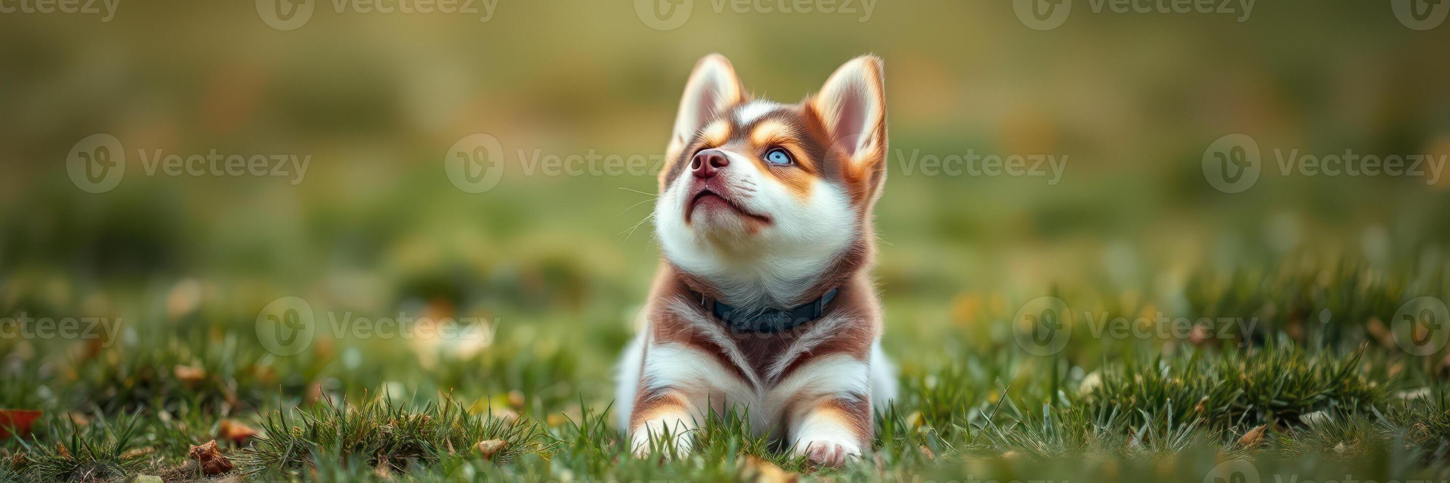 Playful husky puppy relaxing on grass with curious expression in a serene outdoor setting photo