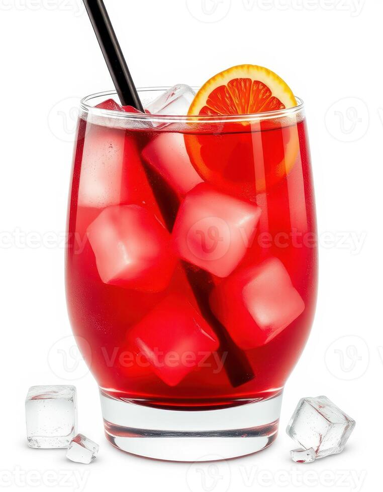 Refreshing red cocktail with ice and orange slice ready for summer enjoyment at a beachside gathering photo
