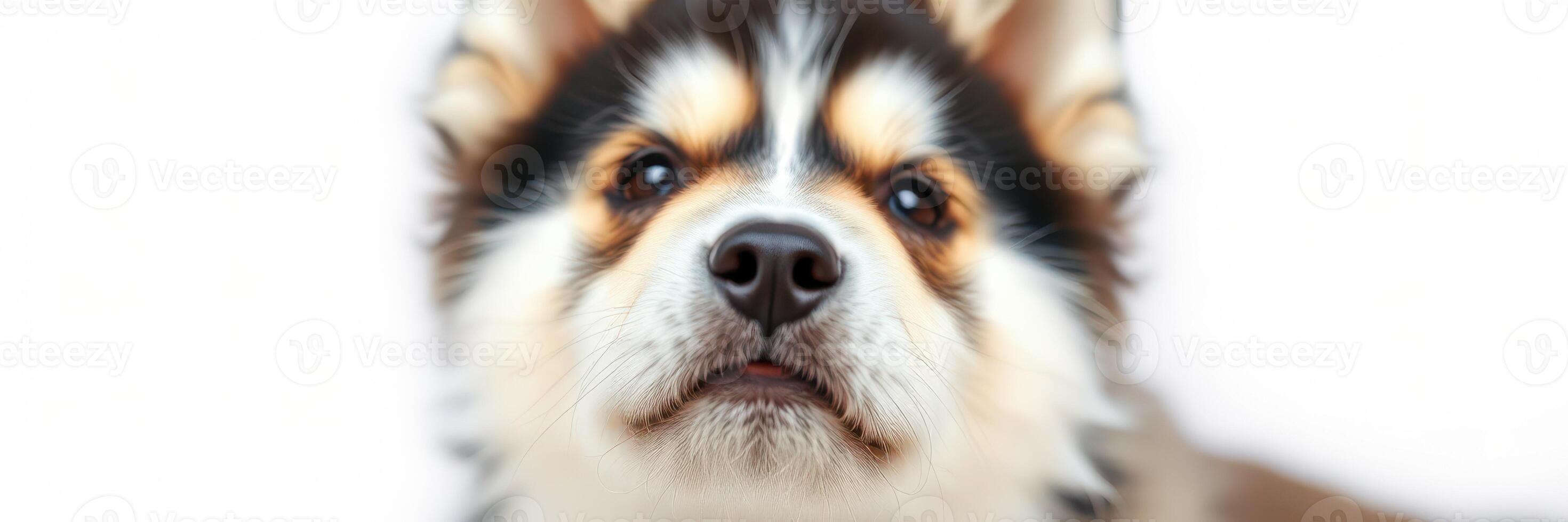 Cute fluffy dog looking up with a curious expression indoors, focused on something off-camera during daylight hours photo
