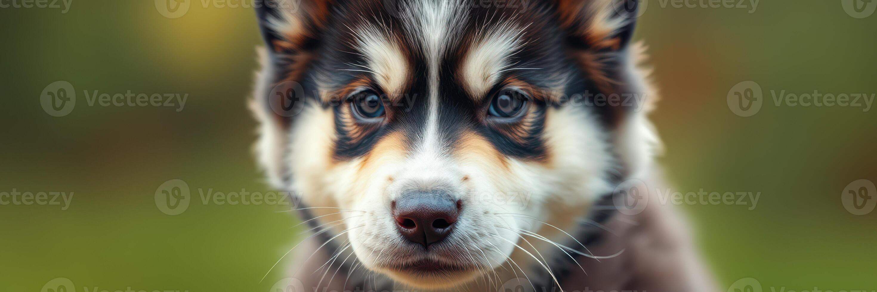 Cute husky puppy with striking blue eyes captured in a garden setting during the golden hour of the day photo