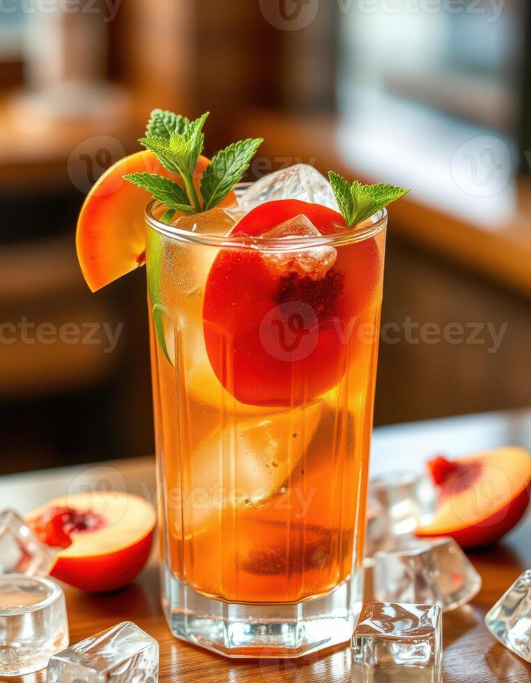 Refreshing summer drink with fresh peach slices and mint on a wooden table in a cozy cafe setting photo