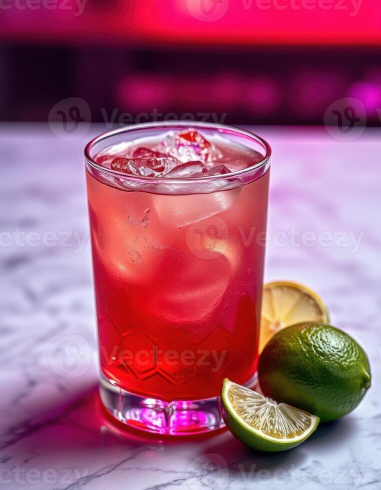 Refreshing cocktail garnished with lime served in a vibrant bar setting at night photo