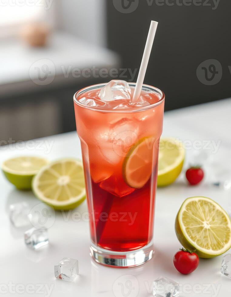 Refreshing summer drink with lime and cherries served with ice in a glass on a marble table photo